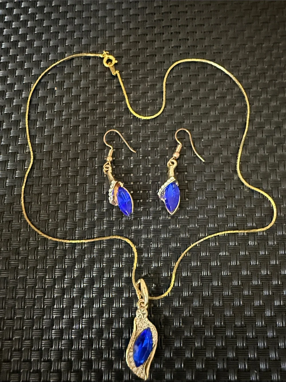 Gold Necklace and Earring Set with Blue Crystal Pendants